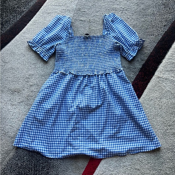 French Connection Blue Gingham Artina Puff Sleeve Smocked Mini Dress - Picture 3 of 5